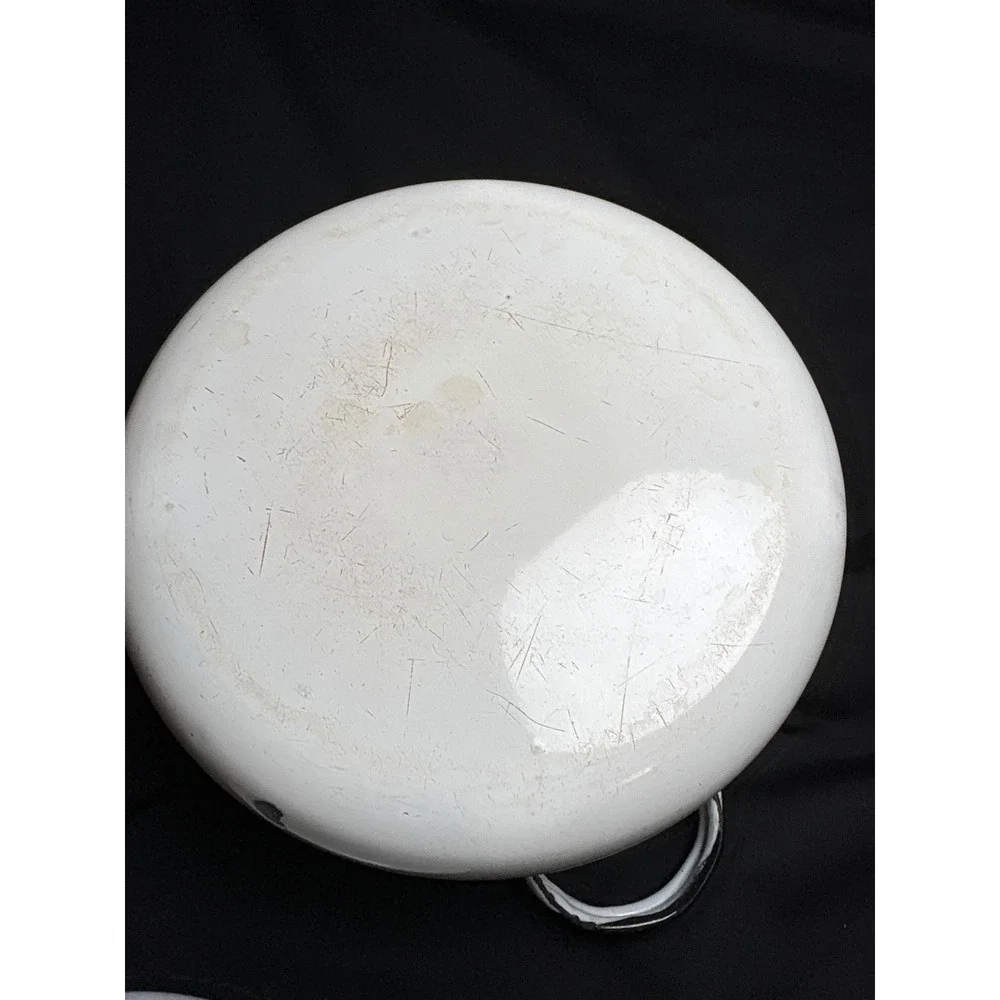 Vintage White Enamelware Stock Pot with Lid Black Trim Farmhouse Cookware